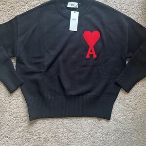 Ami Black Crew Neck Sweater with Red Heart